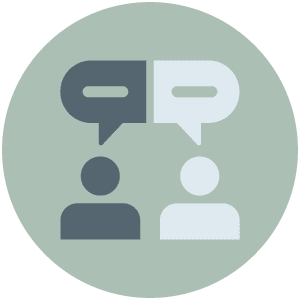 circle icon with silhouettes of two people talking to each other