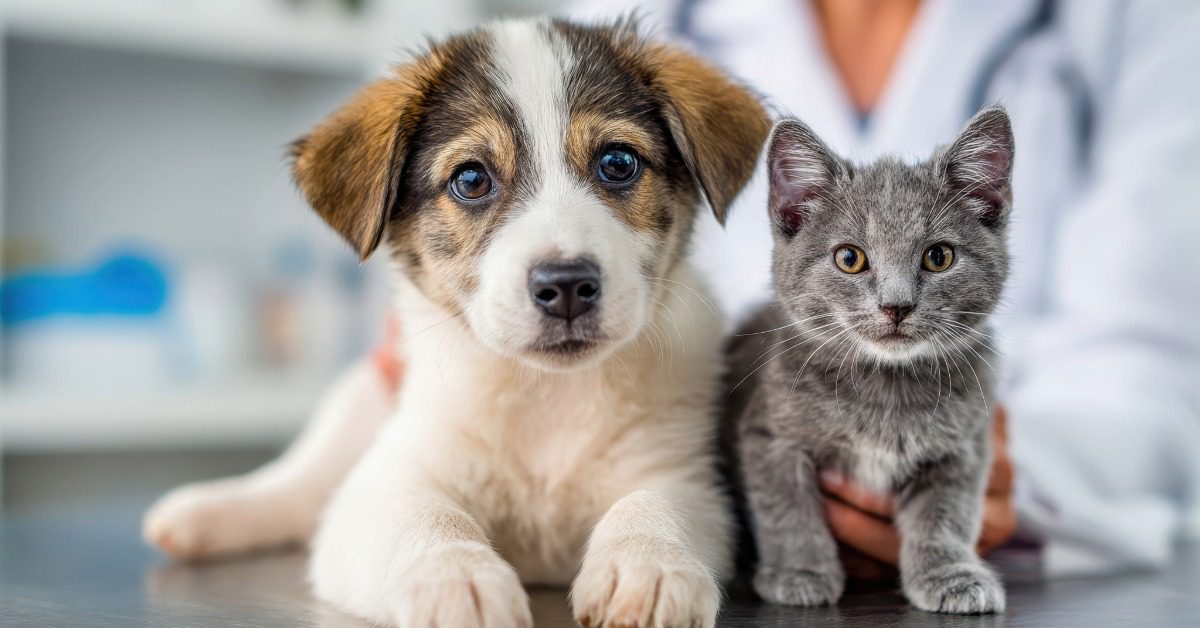 puppy and kitten sitting on an exam table in front of a female veterinarian