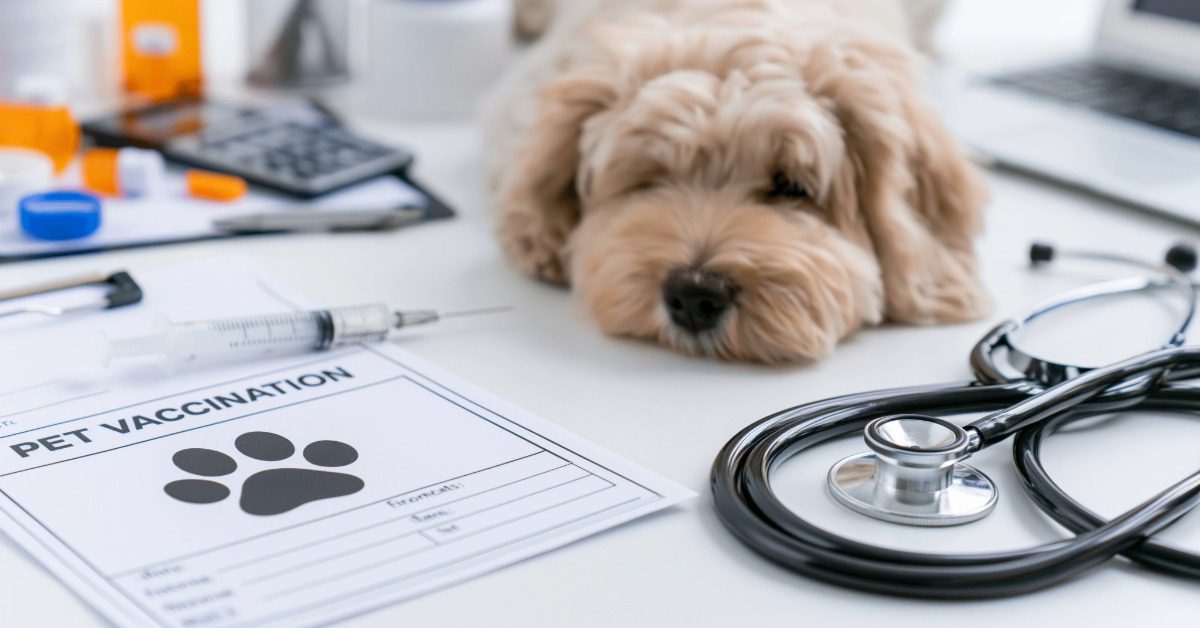 small dog laying on top of a table beside a piece of paper labeled pet vaccinations