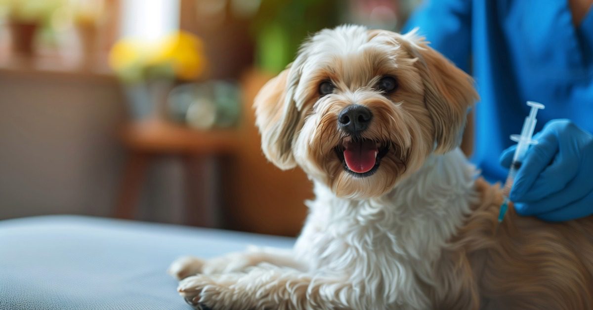 smiling small dog receiving a vaccine