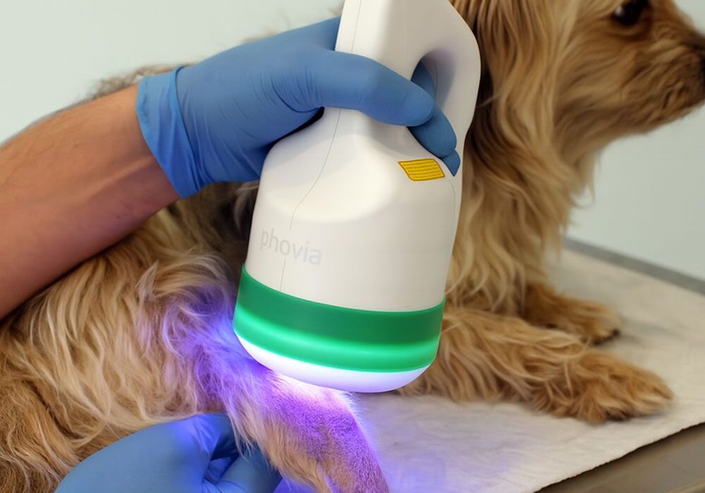 Phovia Treatment veterinarian using Phovia light therapy on dog's leg